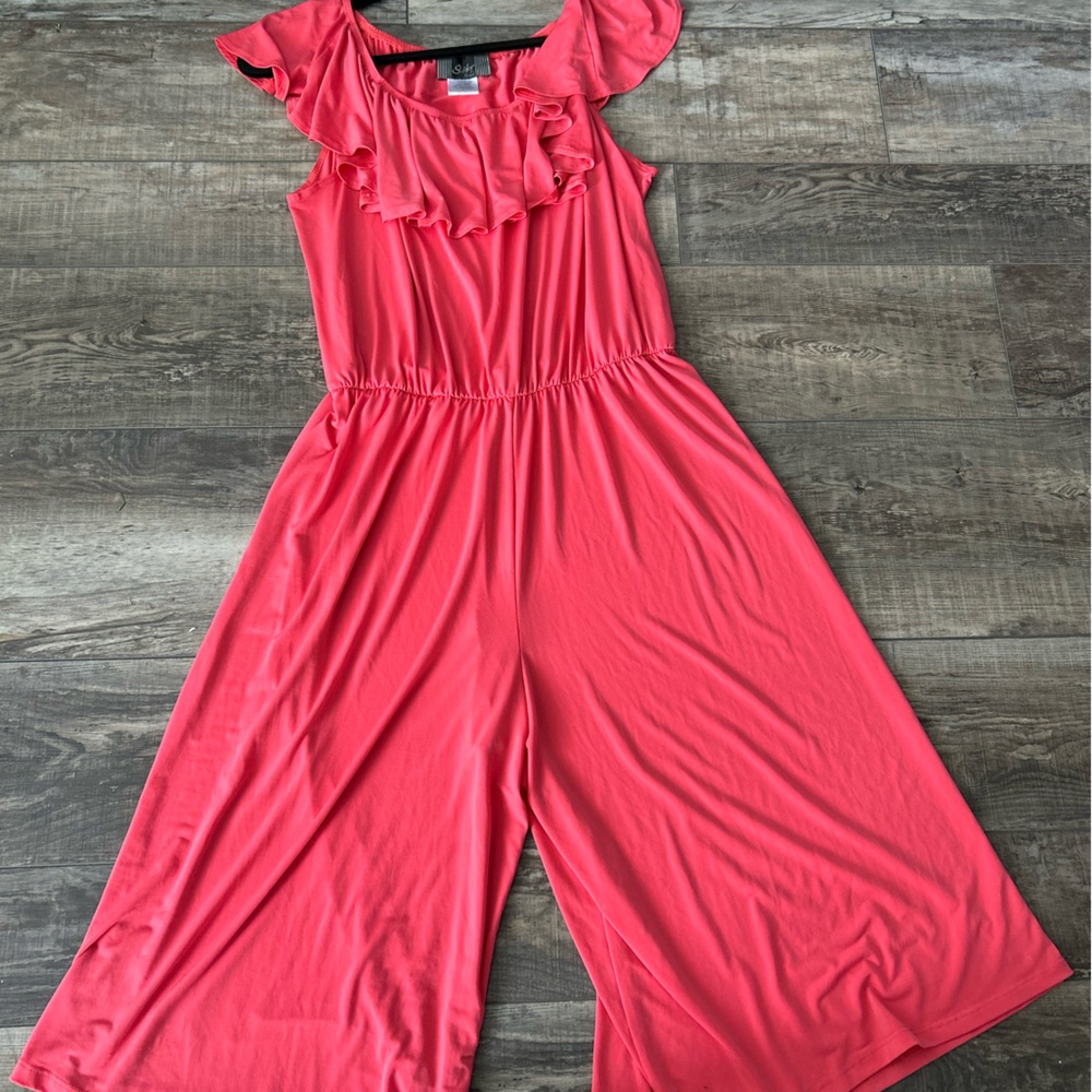 Ruffled Neck Coral Wide-Leg Jumpsuit Size Large S1